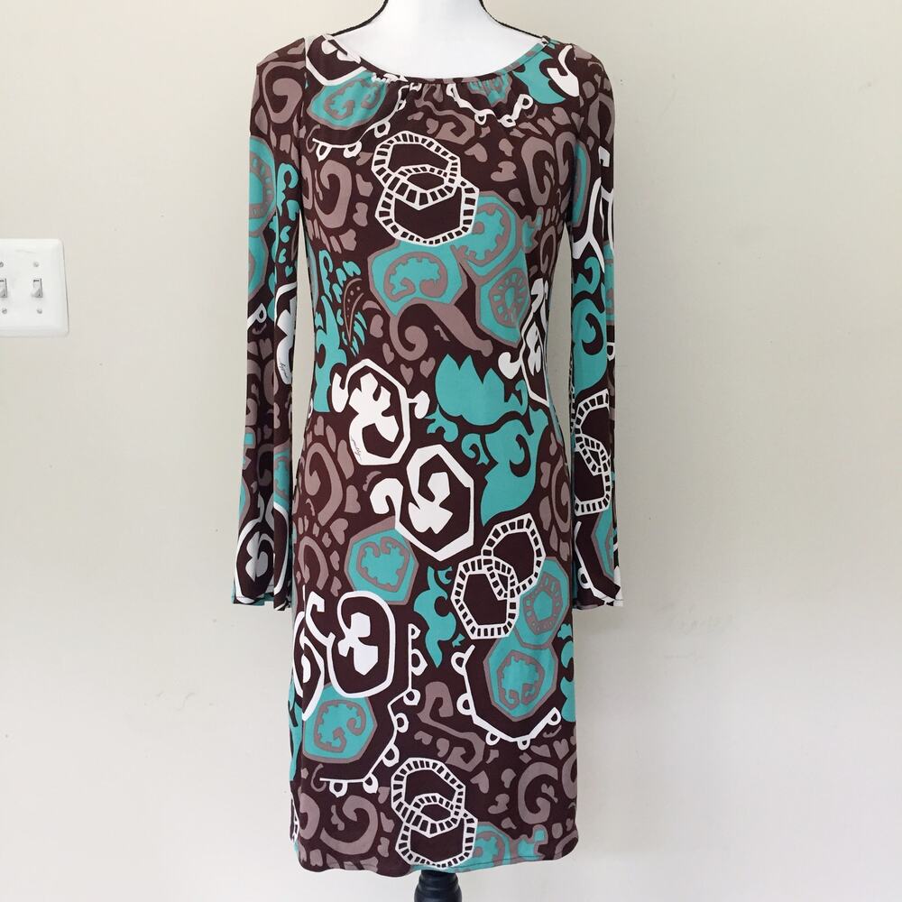 Milly Bergdorf Goodman Silk Bell Sleeves Brown Green Dress Women's Size S - Picture 1 of 10